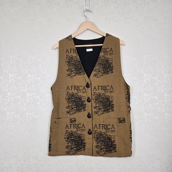 VTG Ashro Africa Map Print Vest sz M Brown Black 100% Cotton Back Adj Belt - Picture 15 of 15